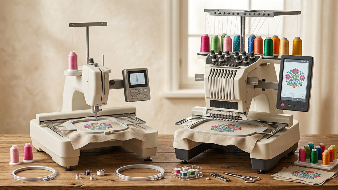 Single-needle home embroidery machine and multi-needle free-arm machine compared side by side