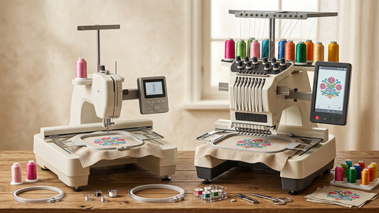 Single-needle home embroidery machine and multi-needle free-arm machine compared side by side