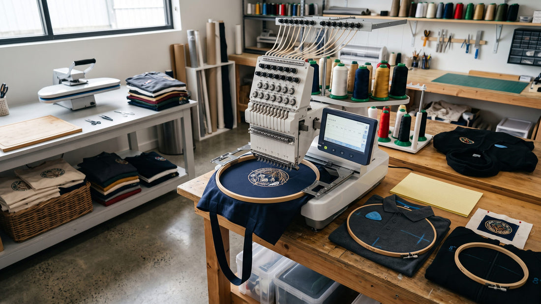 Organized embroidery production workflow with prepared hoops, thread staging, job records and finished items
