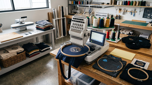 Organized embroidery production workflow with prepared hoops, thread staging, job records and finished items
