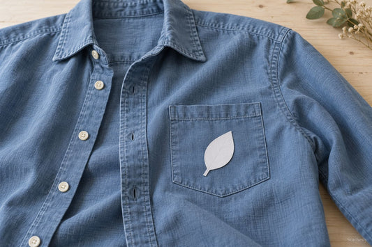 Paper leaf template placed on the chest pocket of a blue shirt