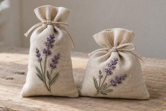 Two ivory linen sachets with fine lavender embroidery and simple tied tops