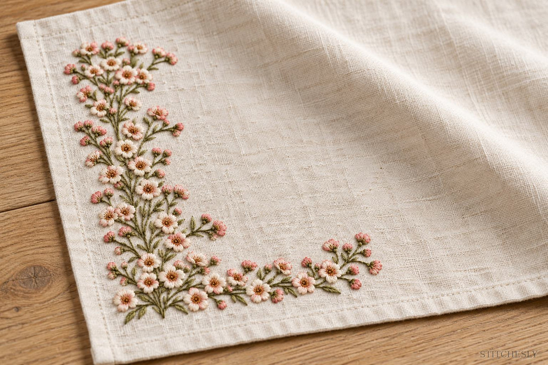 Ivory linen napkin with a blush floral corner and a soft fold across its unembroidered centre