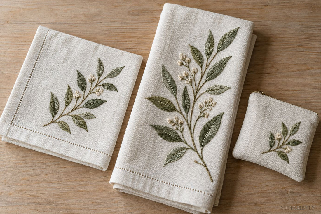 Ivory linen napkin, kitchen towel and small fabric pouch with related sage-green leafy sprig embroidery
