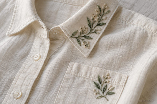Ivory linen shirt with a small sage sprig on one collar point and a related sprig on the pocket