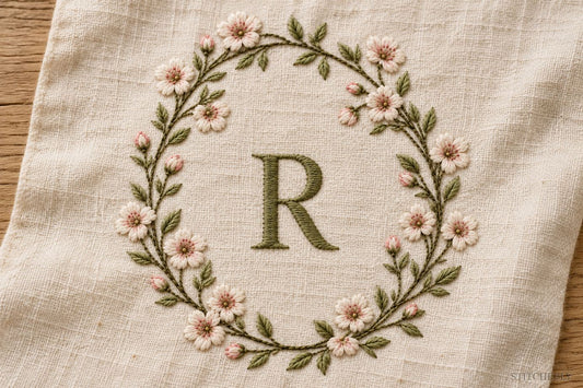 Muted olive capital R embroidered inside a pale floral oval wreath on ivory linen