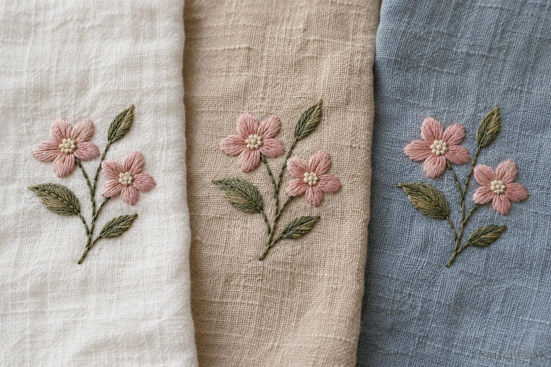 Matching blush flowers and sage leaves stitched on white, oatmeal and muted blue linen swatches