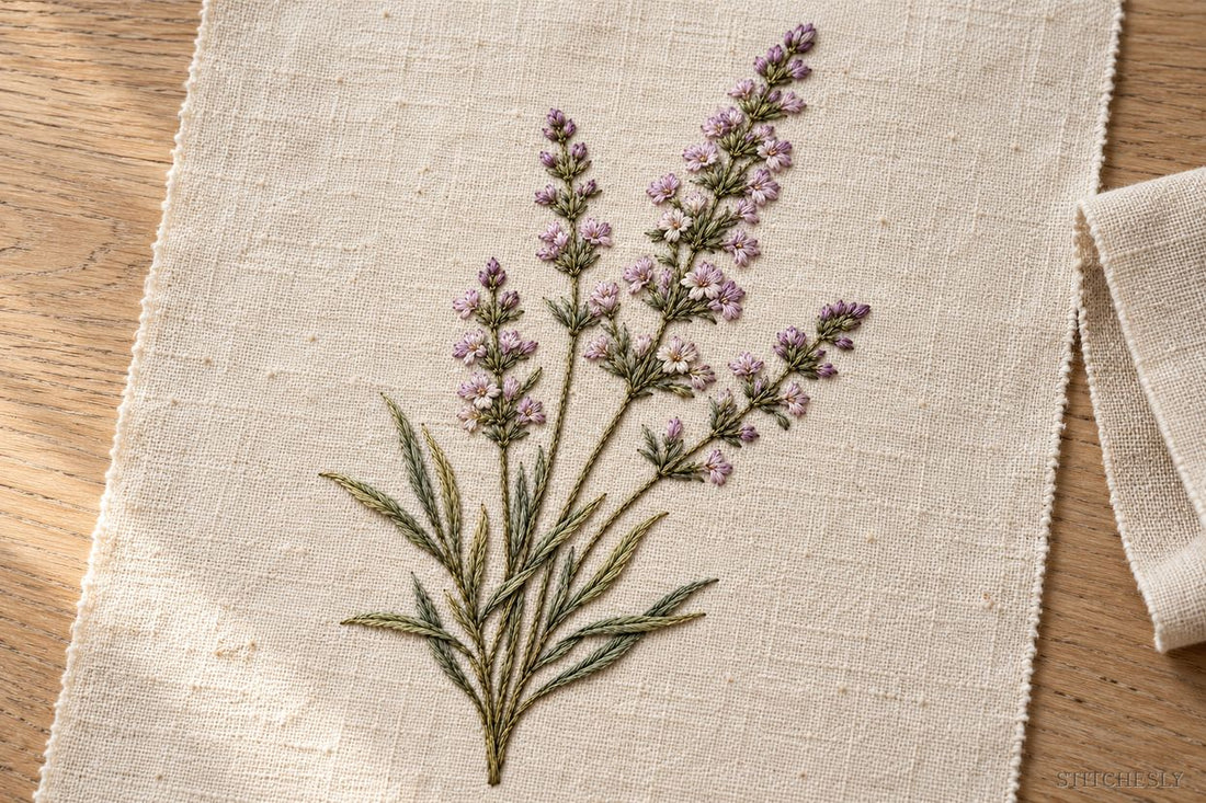 Branching mauve lavender embroidery on an ivory linen panel beside a plain folded linen strip on pale wood