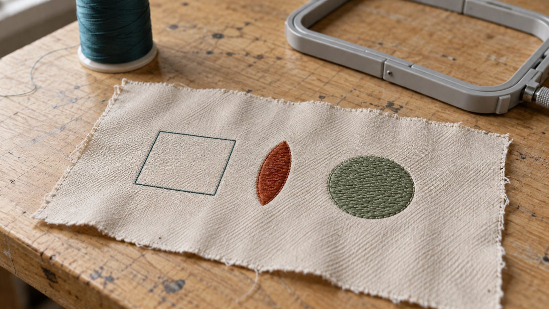 Geometric embroidery sample on pale woven cloth beside an empty machine hoop and teal thread.