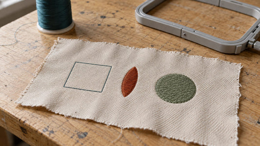 Geometric embroidery sample on pale woven cloth beside an empty machine hoop and teal thread.