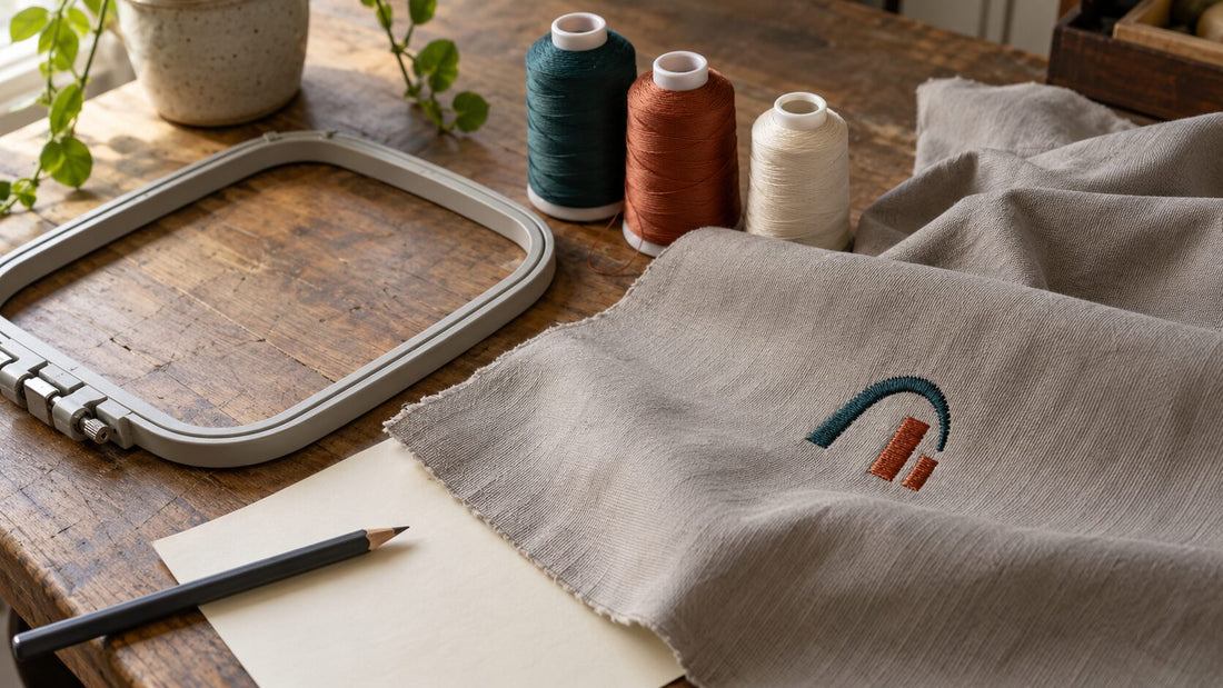 Small teal and rust machine embroidery motif on grey cloth beside an empty hoop, thread cones and paper.