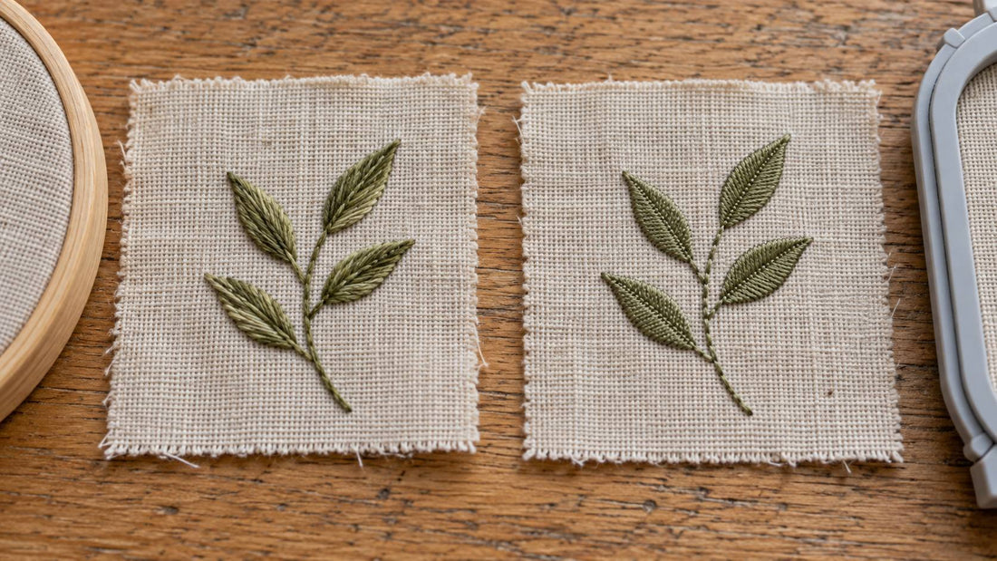 Two conceptual olive sprig embroidery samples on linen, showing different thread surfaces beside hand and machine hoops.