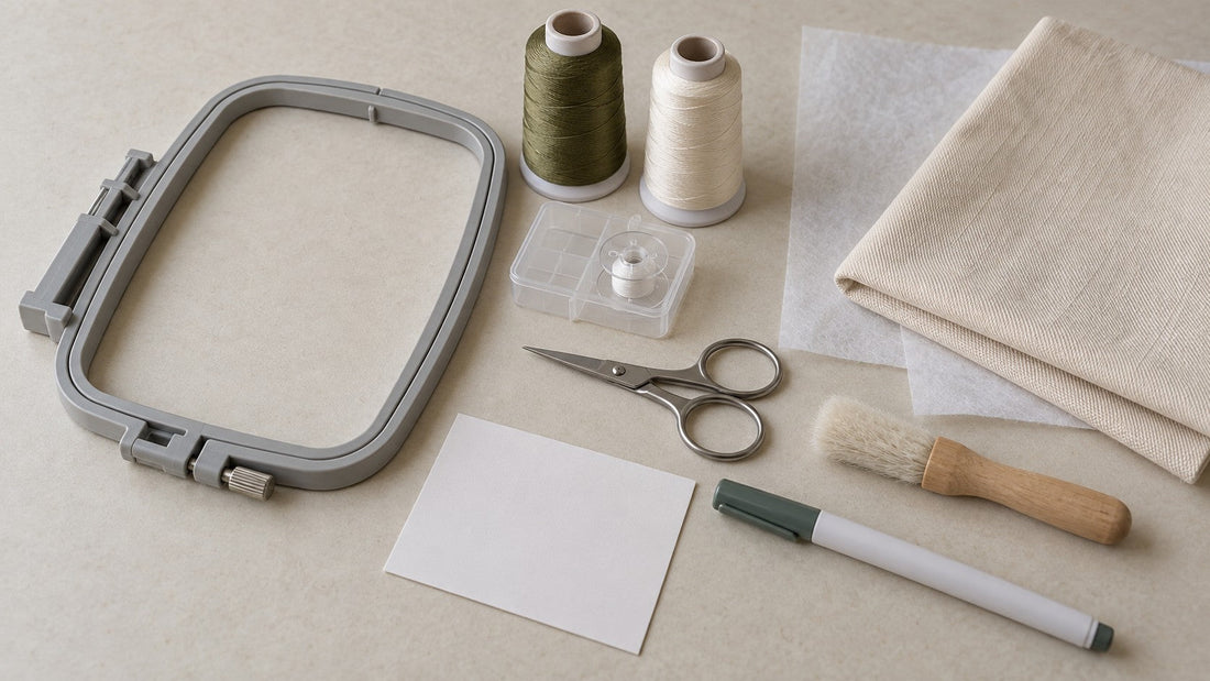 A compact embroidery project kit with hoop, thread, bobbin, scissors, brush, marker, fabric and backing.