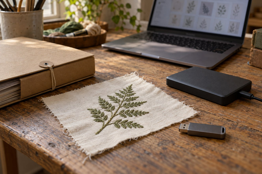 Embroidery sample beside a laptop, archive folder, USB stick and backup drive
