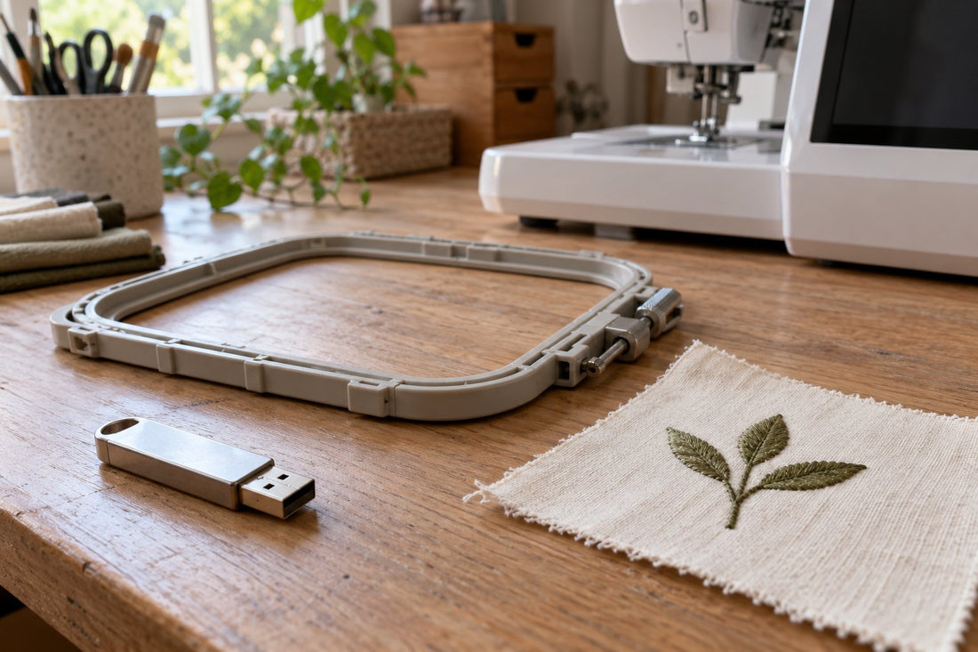 USB drive, empty embroidery hoop and small stitched sample beside a machine