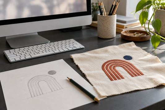 Embroidery drawing and stitched geometric sample beside a desktop computer