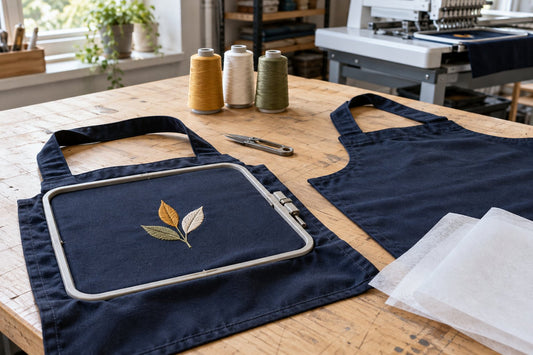 Hooped navy apron and a blank apron staged with backing and thread cones.