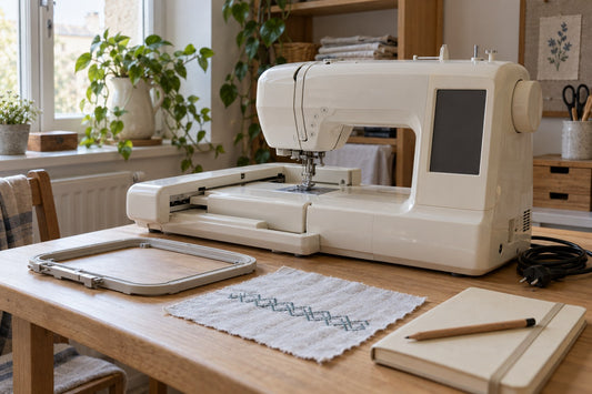 Illustrative view of an older embroidery machine with an empty hoop and a fabric sample.