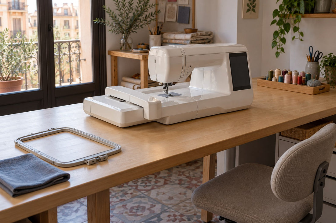 Embroidery machine on a clear worktable in a compact sewing workspace