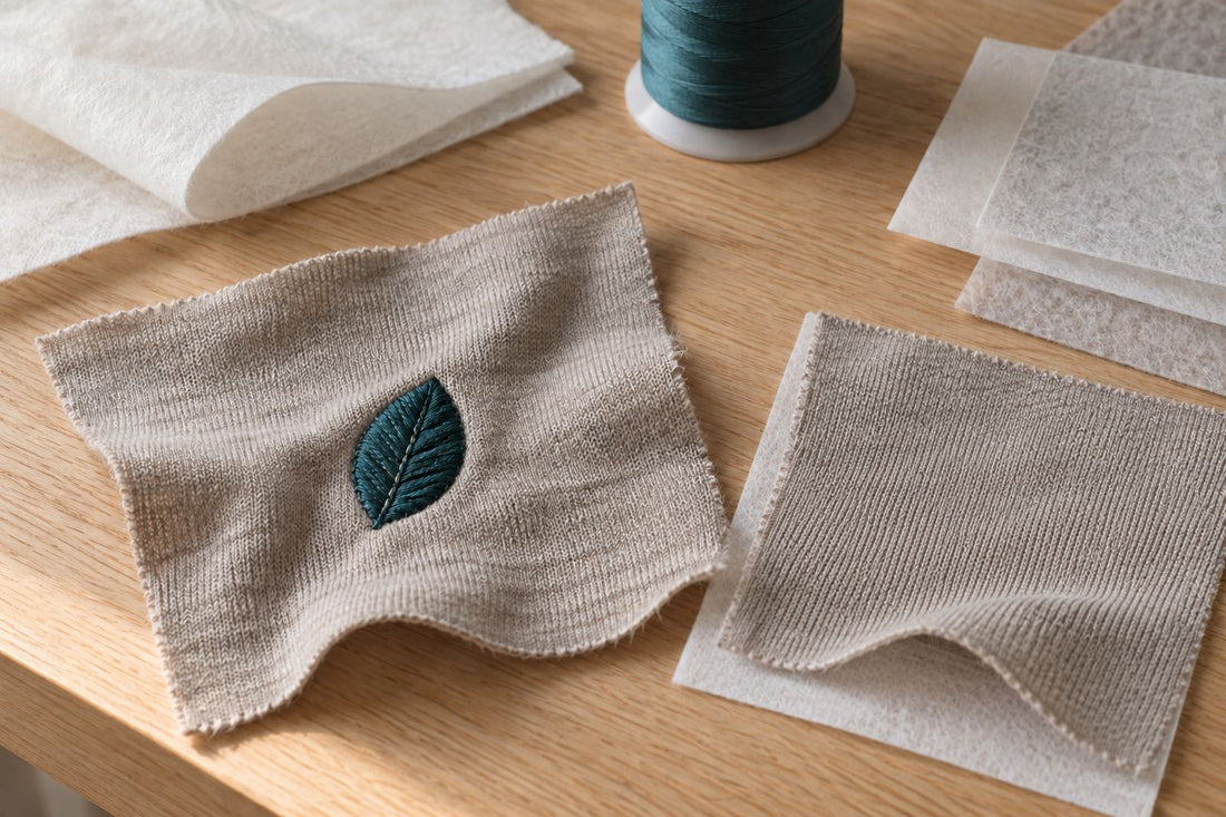 Embroidered grey jersey and a fabric swatch resting over white backing on a worktable