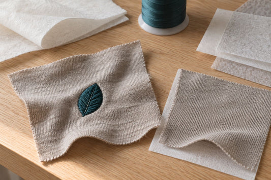 Embroidered grey jersey and a fabric swatch resting over white backing on a worktable