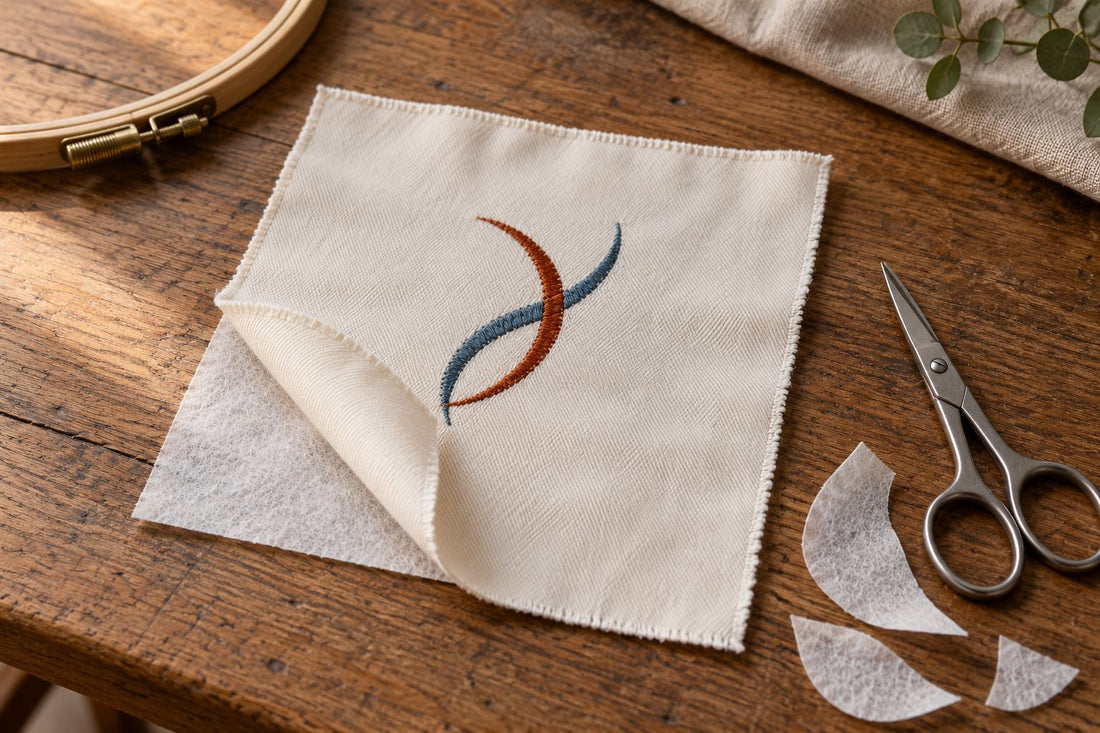 Embroidered ivory twill with backing, closed scissors and small stabilizer offcuts on a worktable