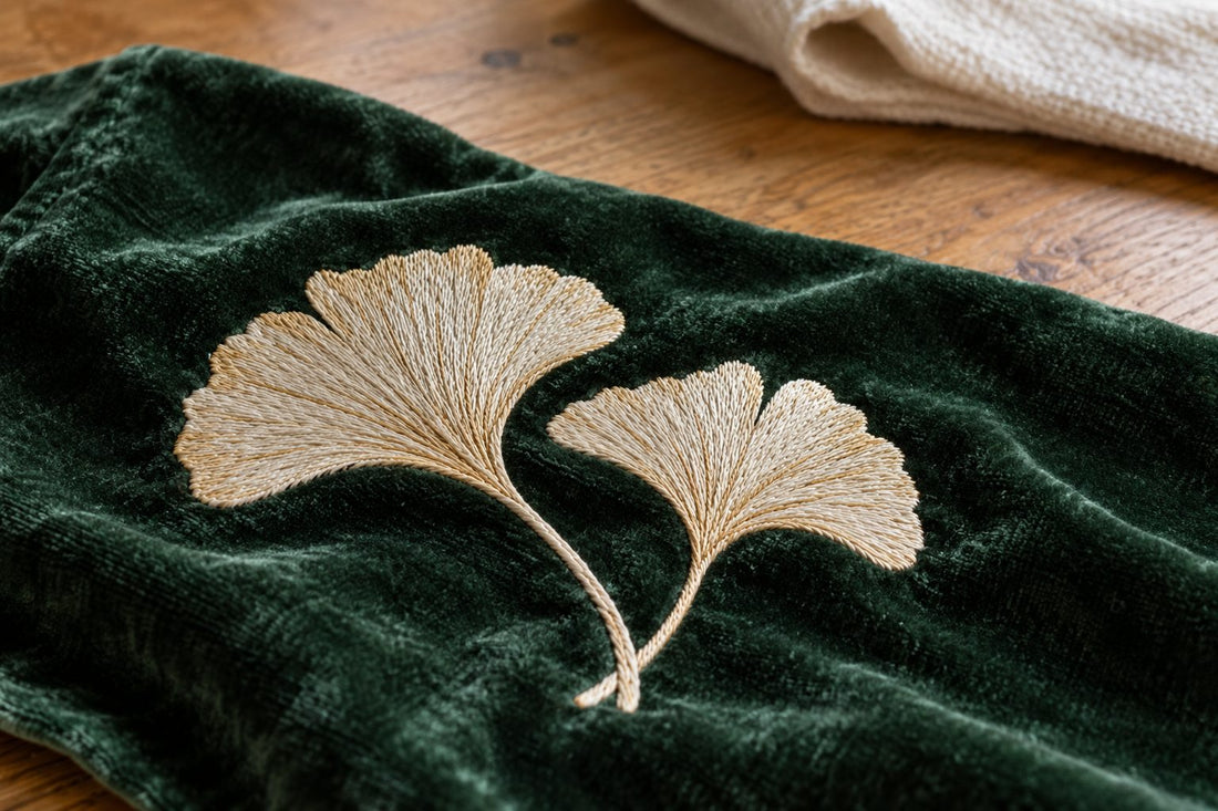 Ivory ginkgo leaf embroidery on deep green velvet