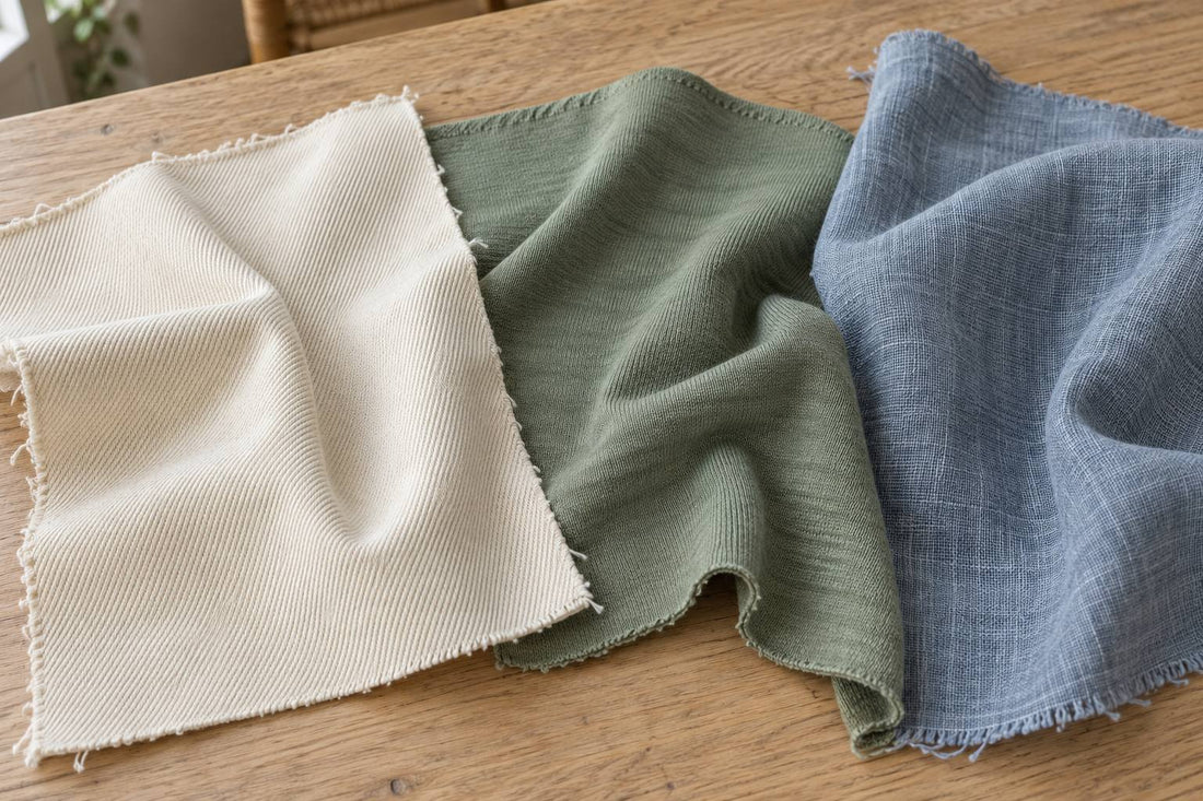 Ivory twill, sage jersey and blue linen swatches showing different fabric constructions