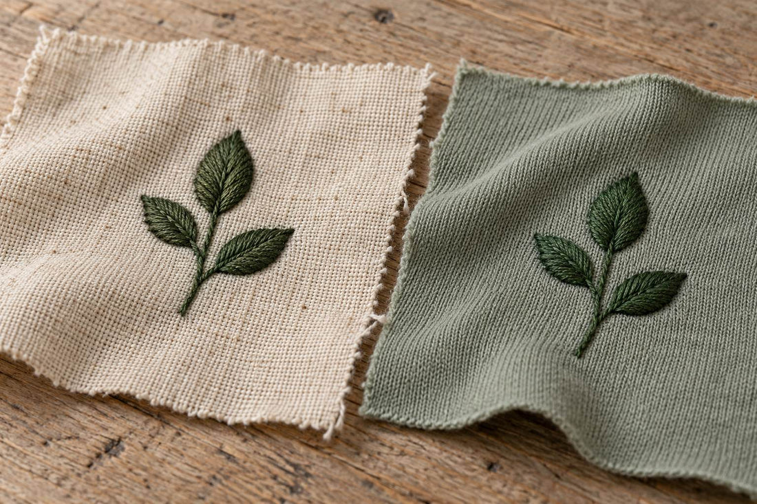 A dark green leaf motif illustrated on oatmeal woven cotton and sage jersey