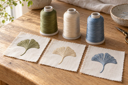 Olive, ivory and blue thread cones beside small ginkgo embroidery samples