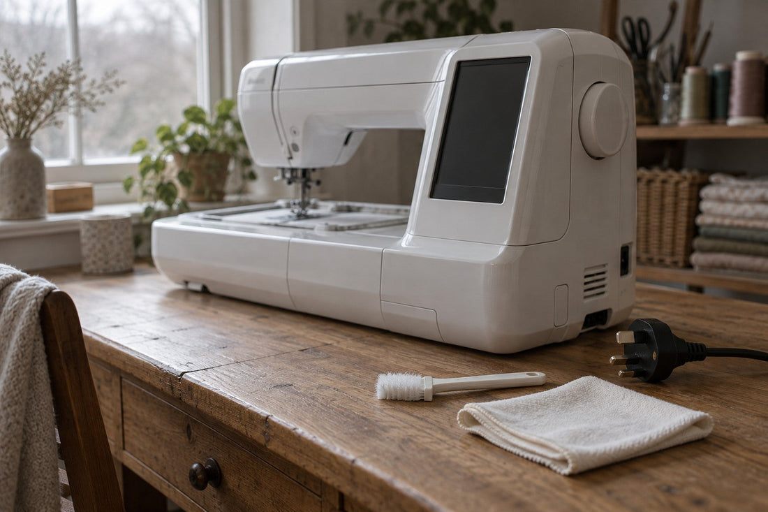 Unplugged embroidery machine beside a cleaning brush and folded cloth