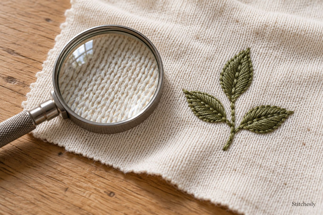 Magnifier beside an embroidered leaf motif on ivory knit fabric