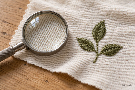 Magnifier beside an embroidered leaf motif on ivory knit fabric