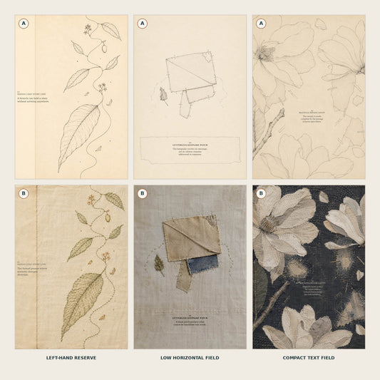 Three paired textile studies annotated to show safe editorial text placement inside designed negative space