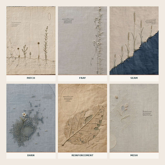 Repair details labelled as patch, fray, seam, darn, reinforcement and mesh