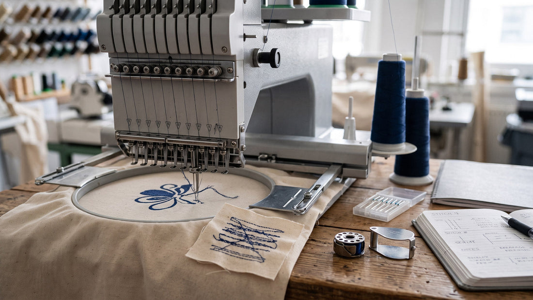 Machine embroidery thread break, skipped stitch and diagnostic tools shown in a controlled test setup