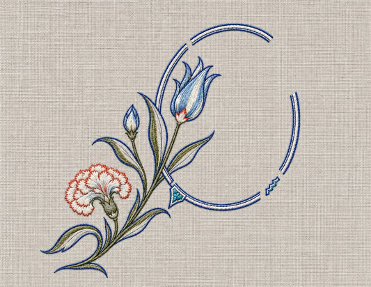 Circular Ottoman tulip and carnation embroidery composition showing rise, turn and counter-movement
