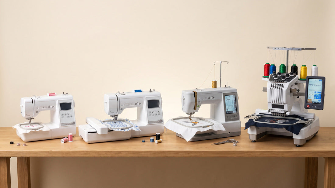 Home flat-bed, combination, free-arm and multi-needle embroidery machines shown as distinct machine types