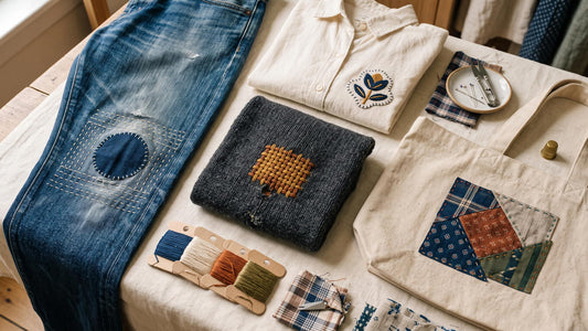 Visible mending examples on denim, cotton shirt and knitwear using patches, darning and decorative embroidery