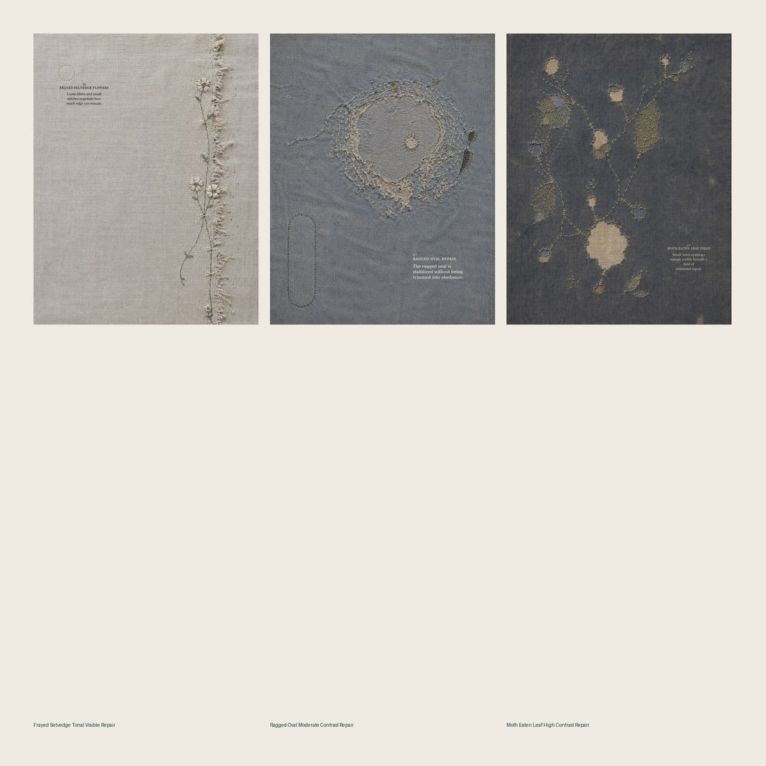 Three textile repair studies showing tonal, moderate and high-contrast approaches to visible repair