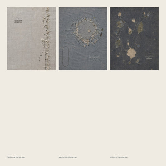 Three textile repair studies showing tonal, moderate and high-contrast approaches to visible repair