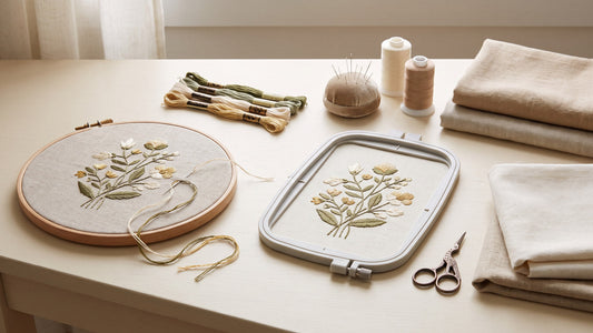 Hand and machine embroidery shown together in a contemporary textile studio