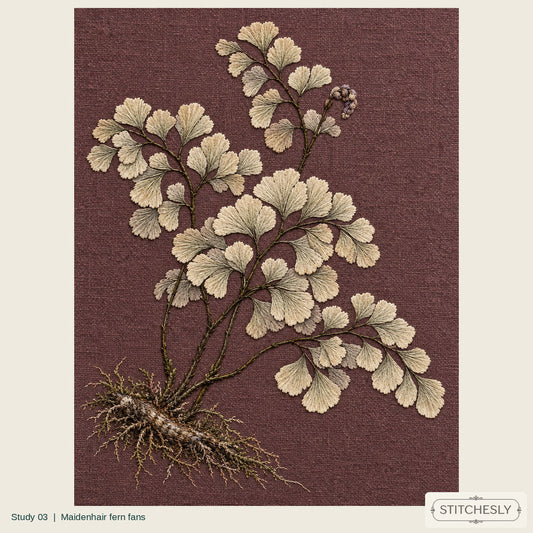 Study 03, Maidenhair fern fans, a full composition shown as an embroidered textile interpretation from The Woodland Undersong. AI-assisted artistic reference.