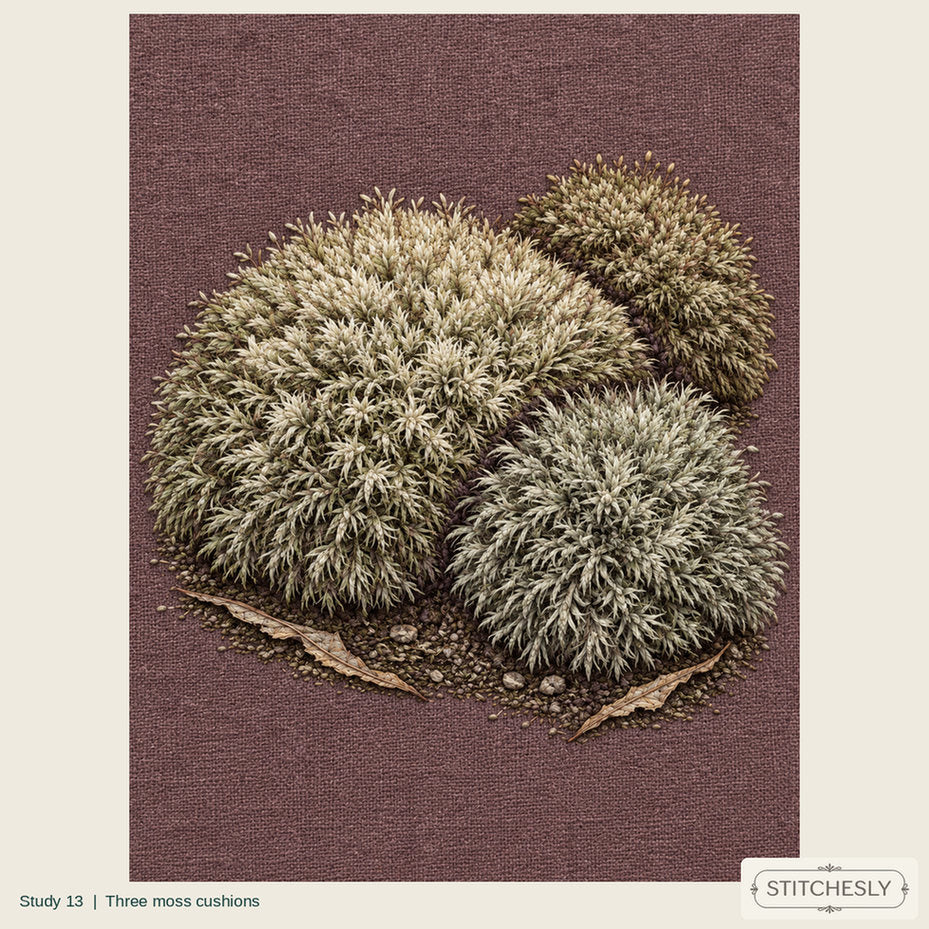 Study 13, Three moss cushions, a full composition shown as an embroidered textile interpretation from The Woodland Undersong. AI-assisted artistic reference.