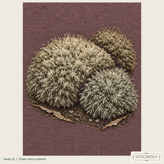 Study 13, Three moss cushions, a full composition shown as an embroidered textile interpretation from The Woodland Undersong. AI-assisted artistic reference.