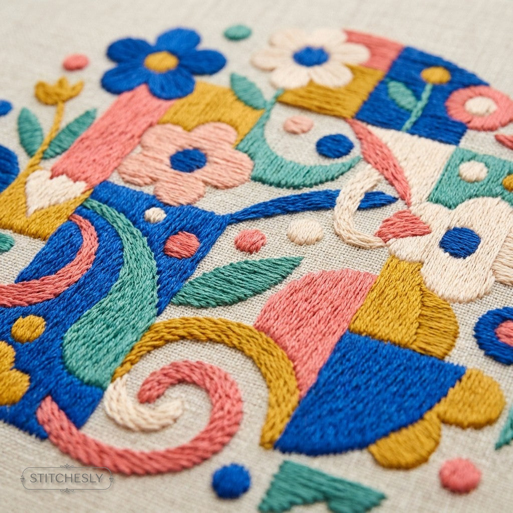 Modern Colorwork machine embroidery collection cover with stitched design examples