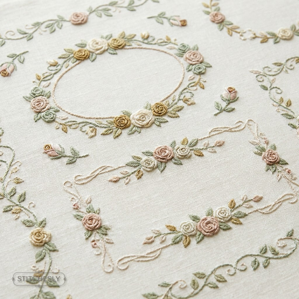 Classic Floral Frames machine embroidery collection cover with stitched design examples
