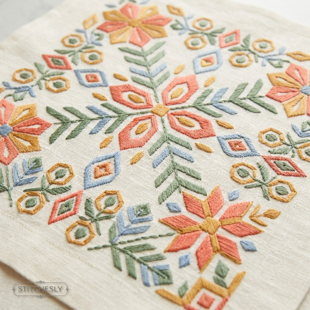Geometric Floral Embroidery machine embroidery collection cover with stitched design examples
