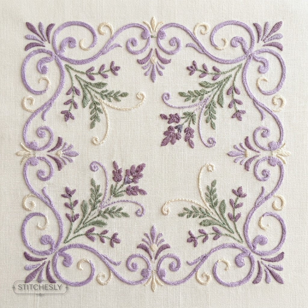Lavender Scroll Accents machine embroidery collection cover with stitched design examples