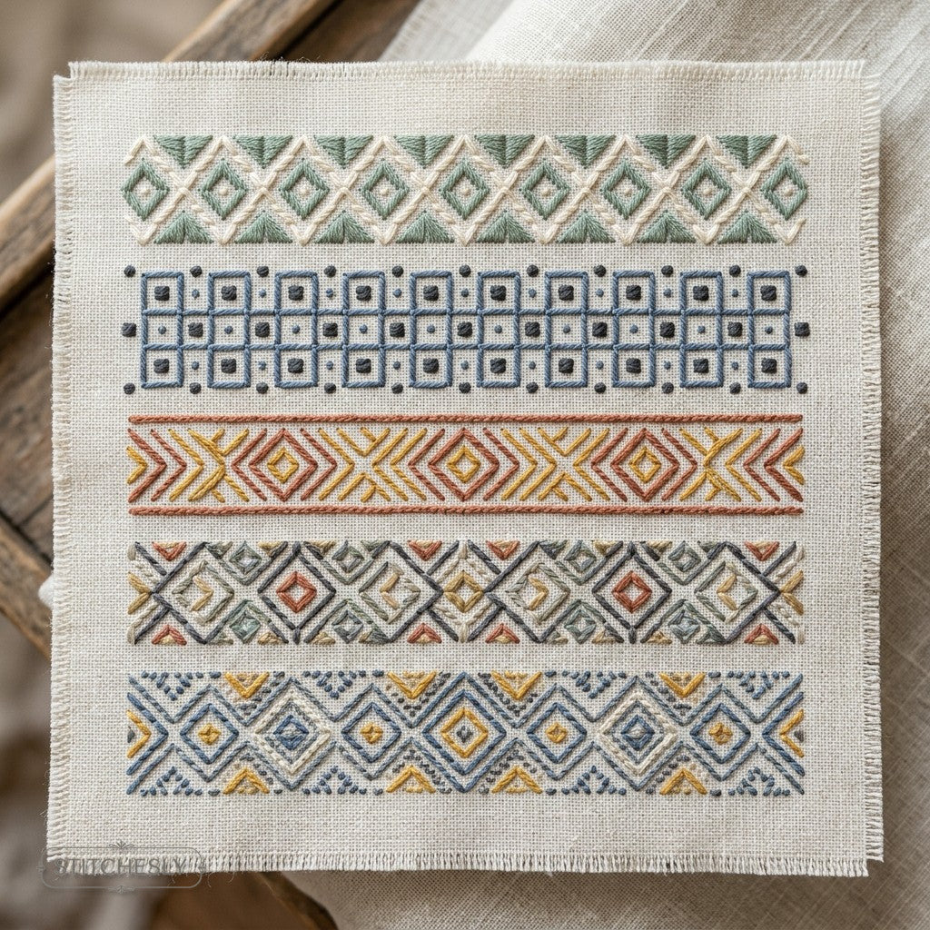 Geometric Stitch Patterns machine embroidery collection cover with stitched design examples